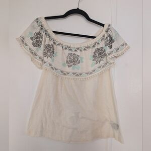 Rock & Roll Cowgirl Cream and Blue Ruffled Sleeveless Blouse